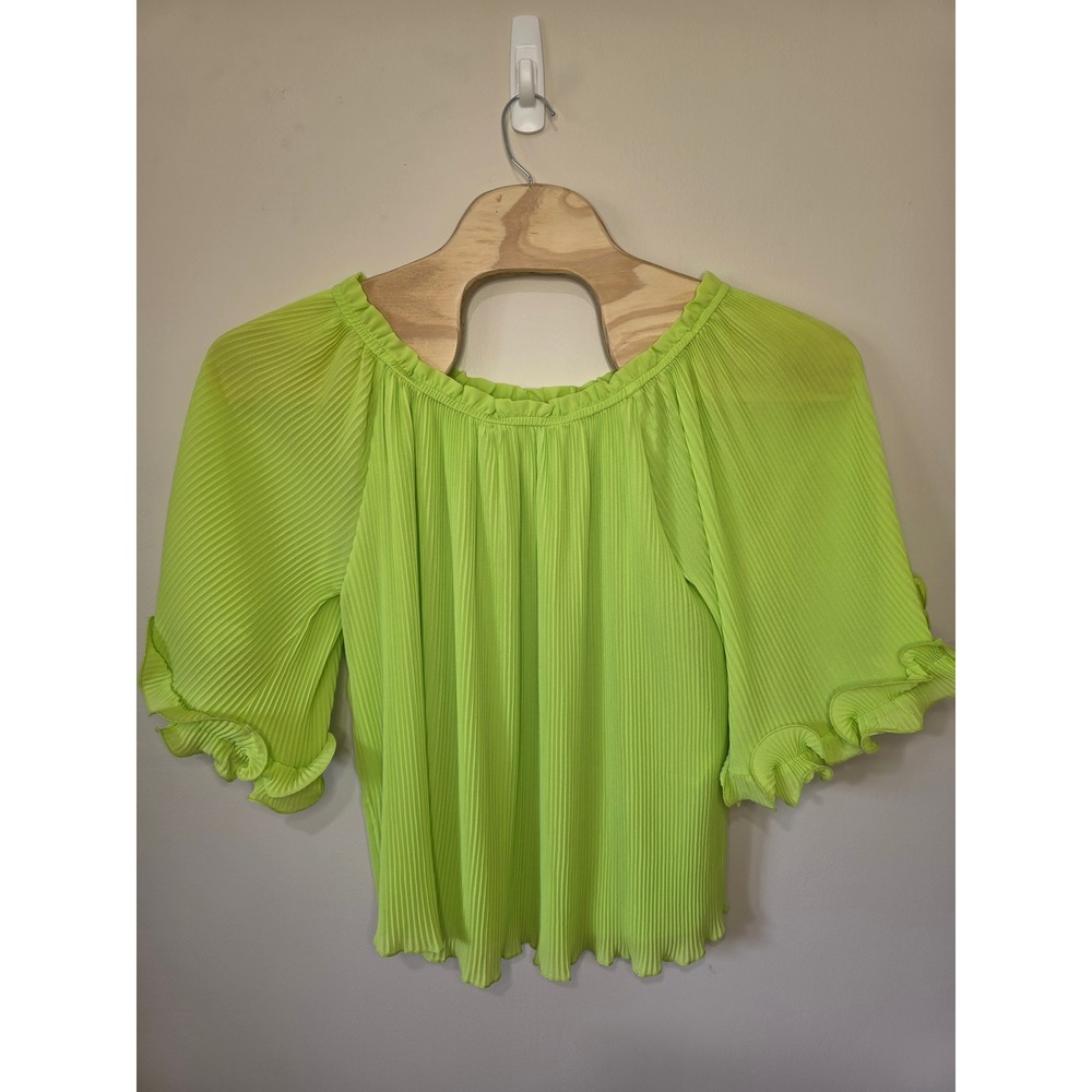 Joseph Ribkoff Blouse Womens L Lime Green Pleated Ruffle Bell Sleeve Avant-Garde